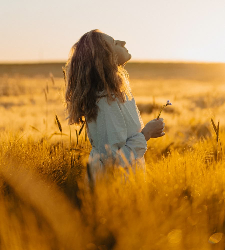 Mulher de olhos fechados e rosto voltado para o céu num campo de trigo ao pôr do sol